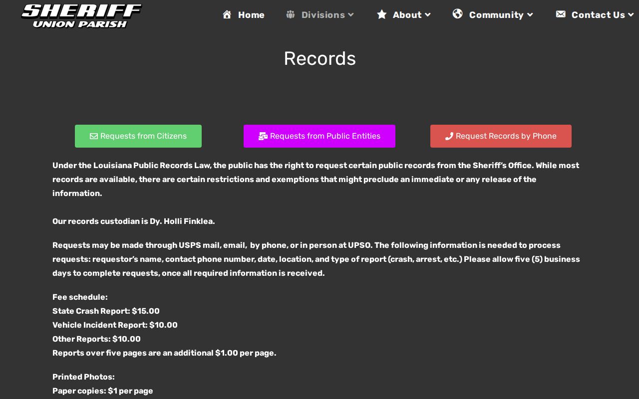 Union Parish Sheriff's Records Division page