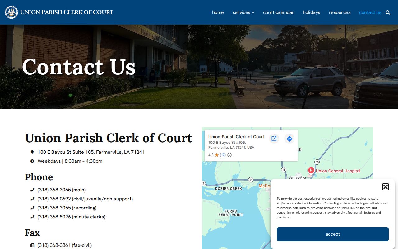 Union Parish Clerk of Court contact page and courthouse record access details